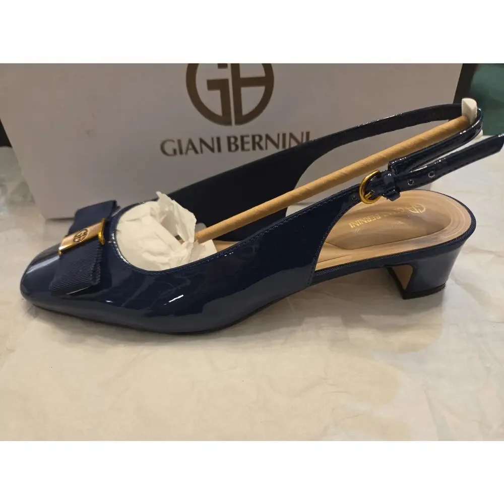 Women's Giani Bernini Battah Block Heel Slingback Pumps Navy Patent Us 6.5